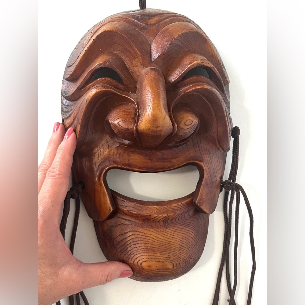 Vintage Korean Hahoe Wood Folk Art Face Mask Hand Carved Antique Theatre Mask